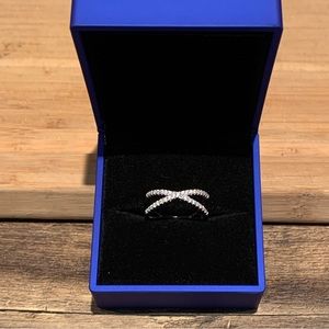 Moissanite Delicate Silver Crisscross Ring with Pavé Stones size 6.5